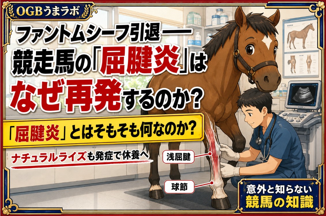 競走馬の屈腱炎と再発について紹介する記事タイトル画像